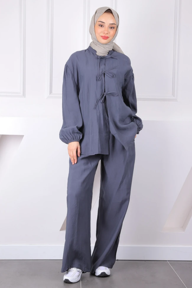 Antrasit Ön Bağlamalı Kimono Pantolonlu Takım