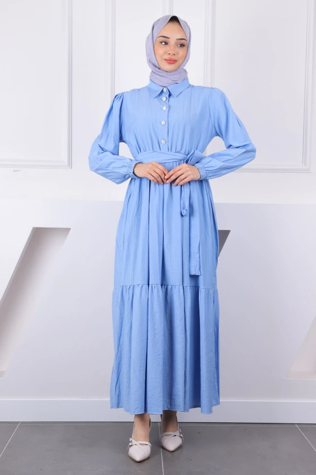 Bebe Mavi Bel Lastikli Kuşaklı Modal Elbise