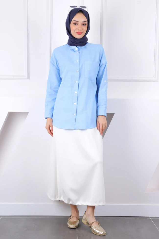 Bebe Mavi Kolu Katlı Düğmeli Gömlek