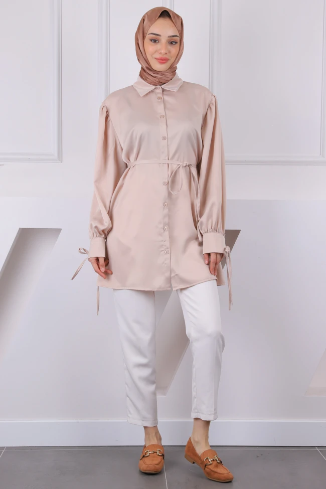 Bej Bel Bağlamalı Saten Tunik