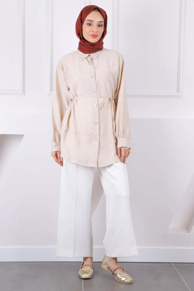 Bej Bel Kuşaklı Gömlek