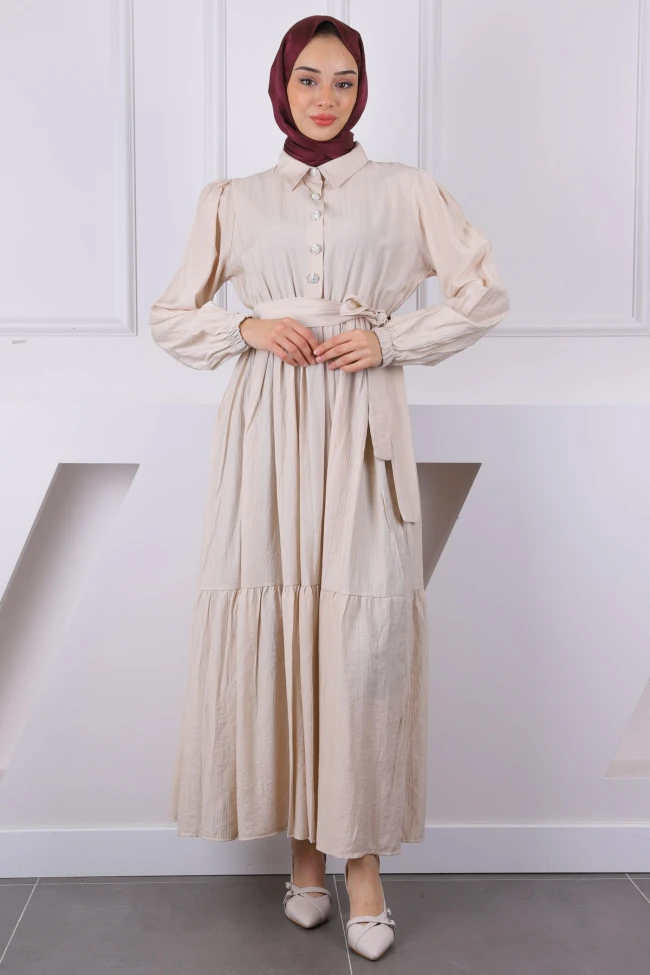 Bej Bel Lastikli Kuşaklı Modal Elbise