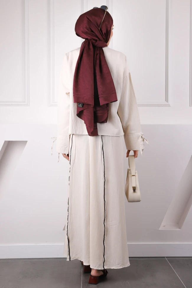 Bej Biyeli Bluz Etekli Keten Takım