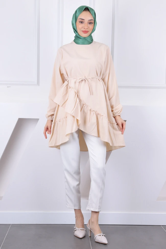 Bej Eteği Katlı Fırfırlı Tunik