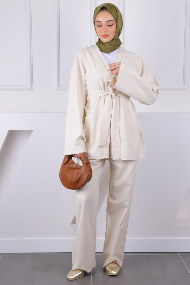 Bej Kemerli Kimono Pantolonlu Takım