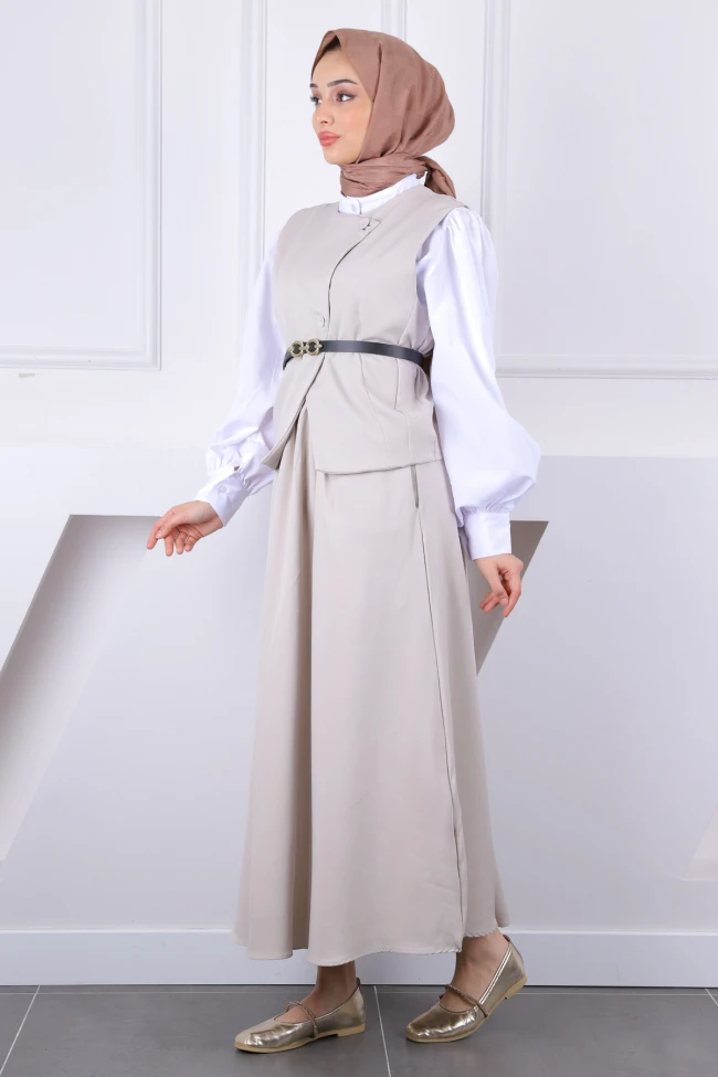 Bej Kemerli Yelek Etekli Takım