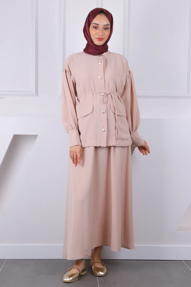 Bej Kol Büzgülü Ceket Etekli Takım