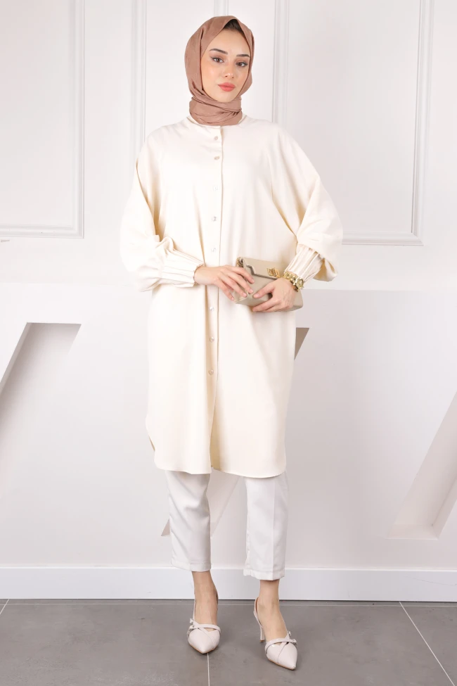 Bej Kolları Nervürlü Linda Tunik