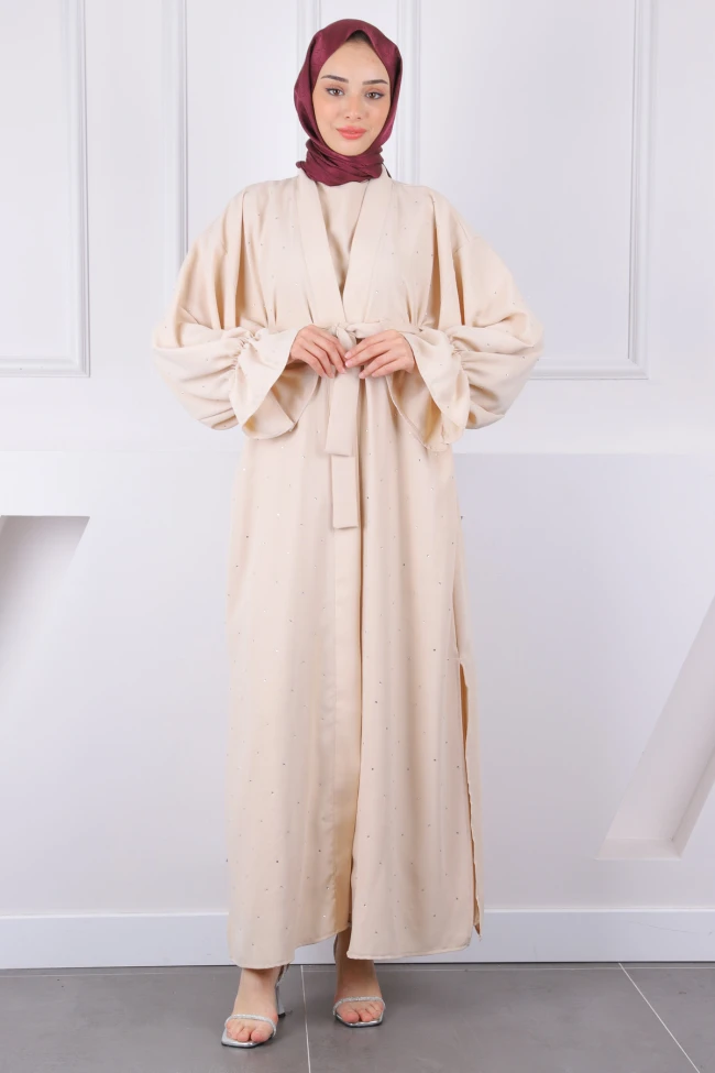 Bej Kuşaklı Taşlı Abaya