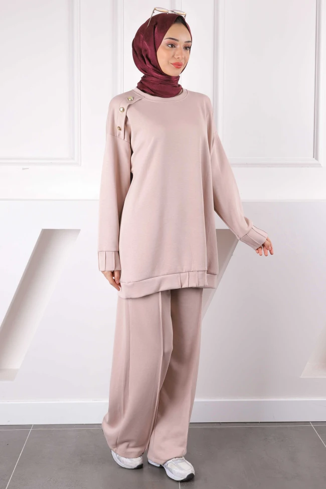 Bej Omzu Düğmeli Tunik Pantolonlu Modal Takım