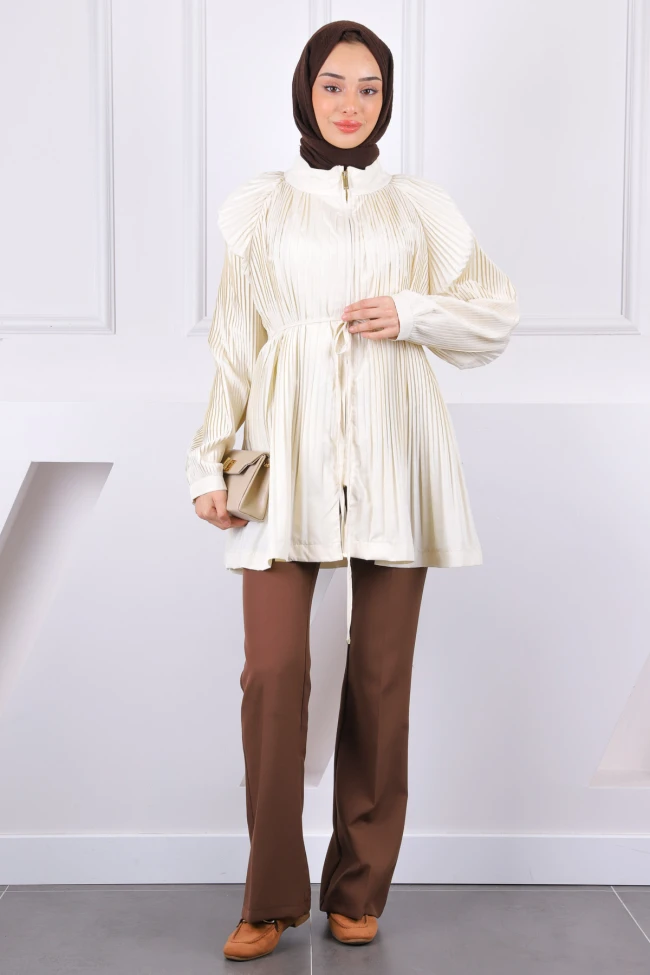 Bej Piliseli Fermuarlı Ceket