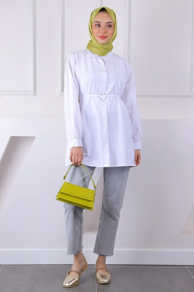 Beyaz Kuşaklı Düğmeli Tunik