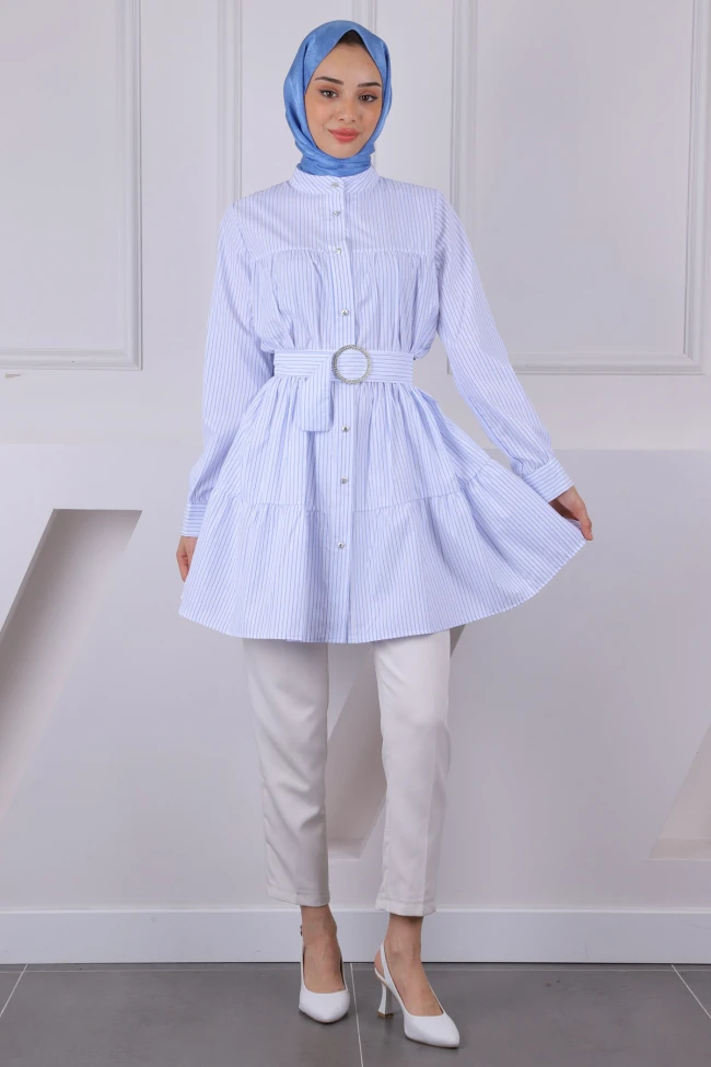 Beyaz Mavi Hakim Yaka Çizgili Poplin Tunik