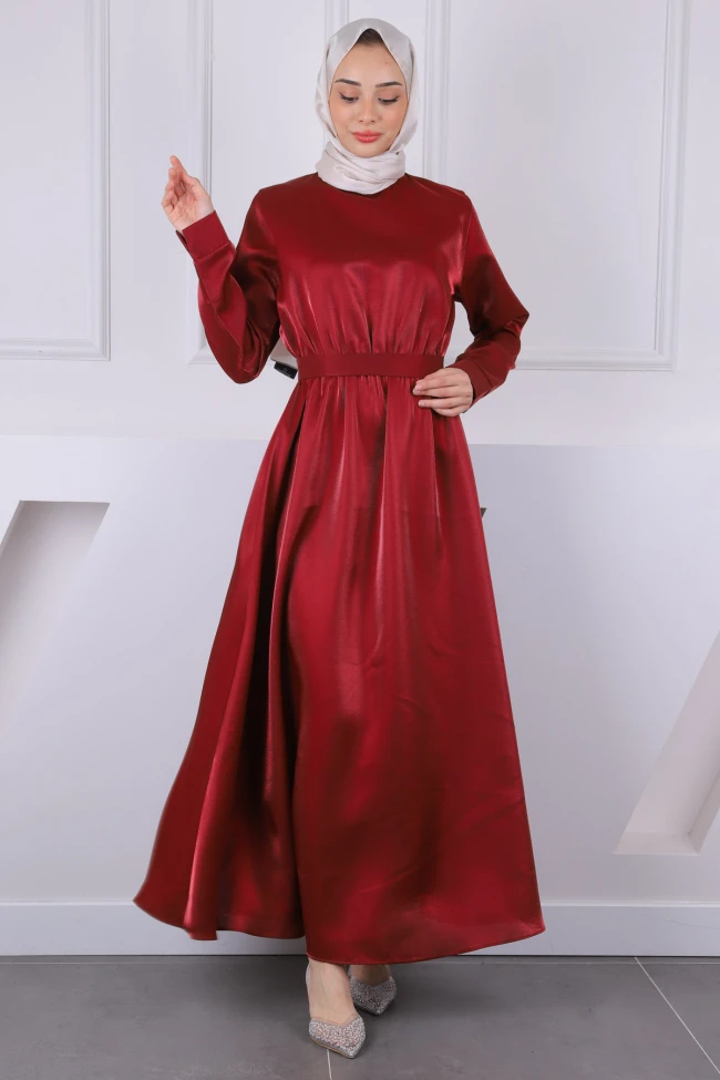 Bordo Bel Lastikli Saten Kuşaklı Abiye