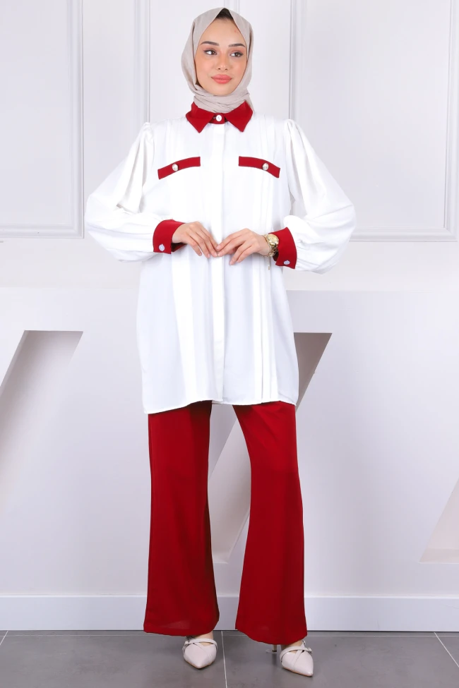 Bordo Düğmeli Tunik Pantolonlu Takım