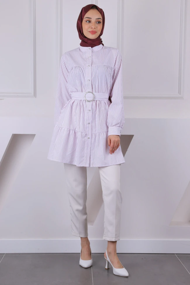 Bordo Hakim Yaka Çizgili Poplin Tunik