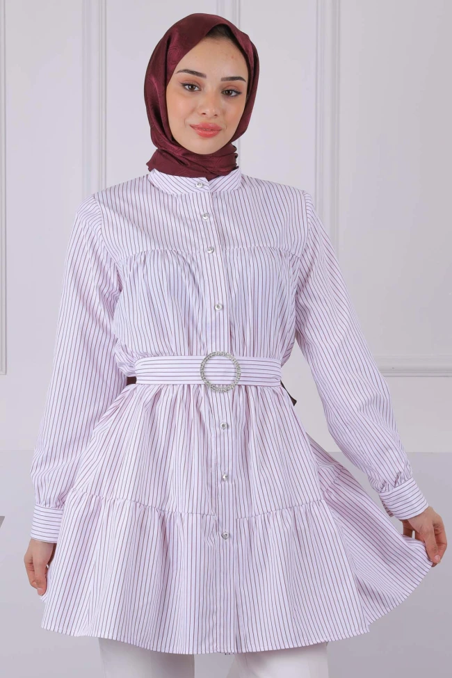 Bordo Hakim Yaka Çizgili Poplin Tunik