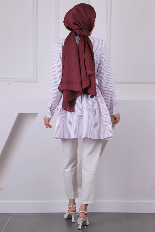 Bordo Hakim Yaka Çizgili Poplin Tunik