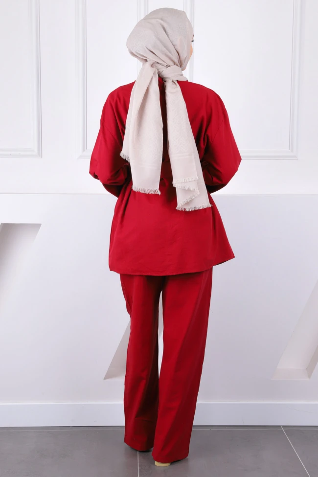 Bordo Kemerli Kimono Pantolonlu Takım