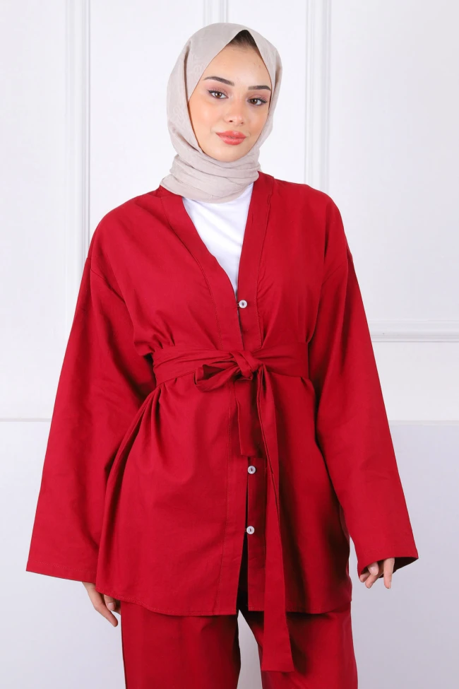 Bordo Kemerli Kimono Pantolonlu Takım
