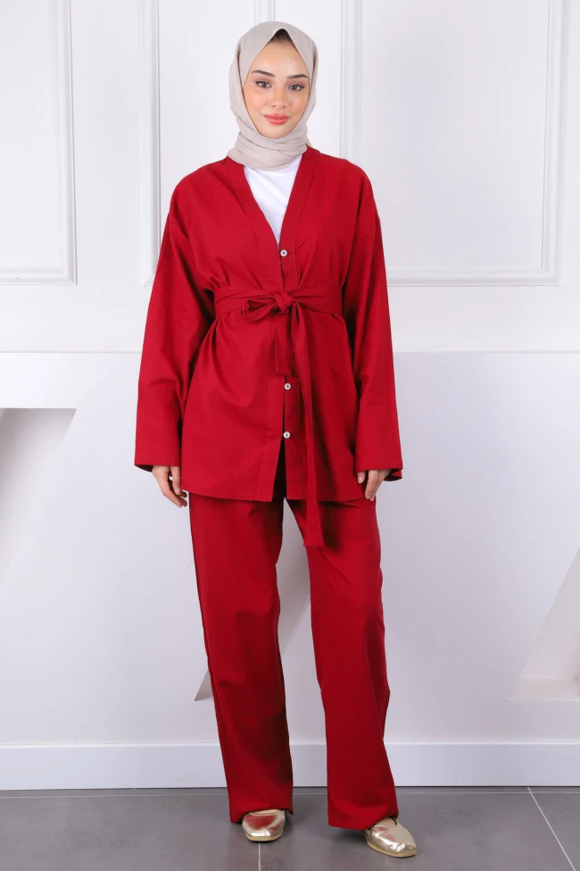 Bordo Kemerli Kimono Pantolonlu Takım