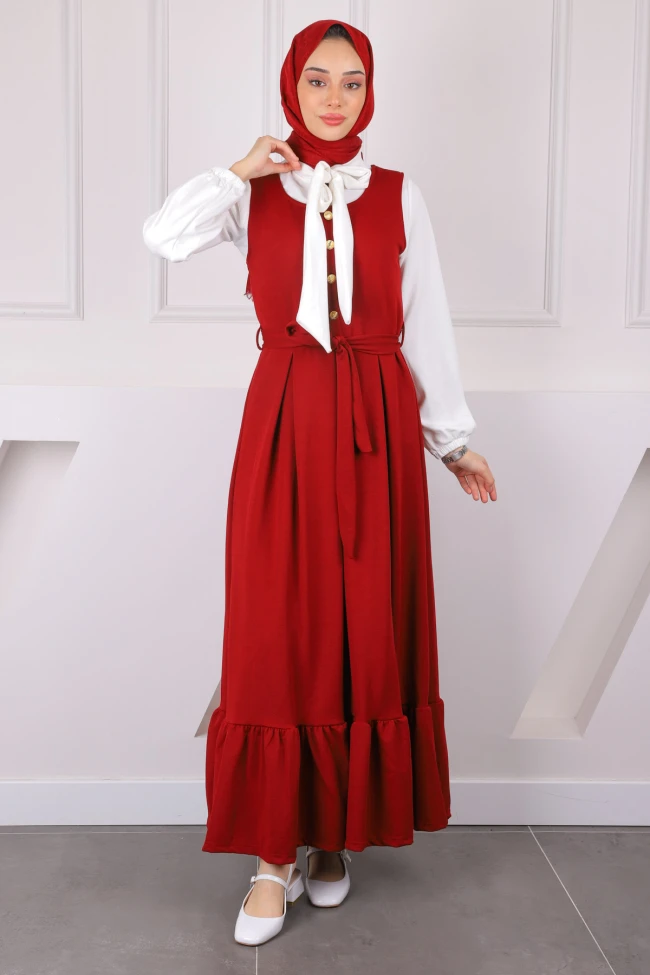 Bordo Kuşaklı Bluz Kombibli Jile Elbise