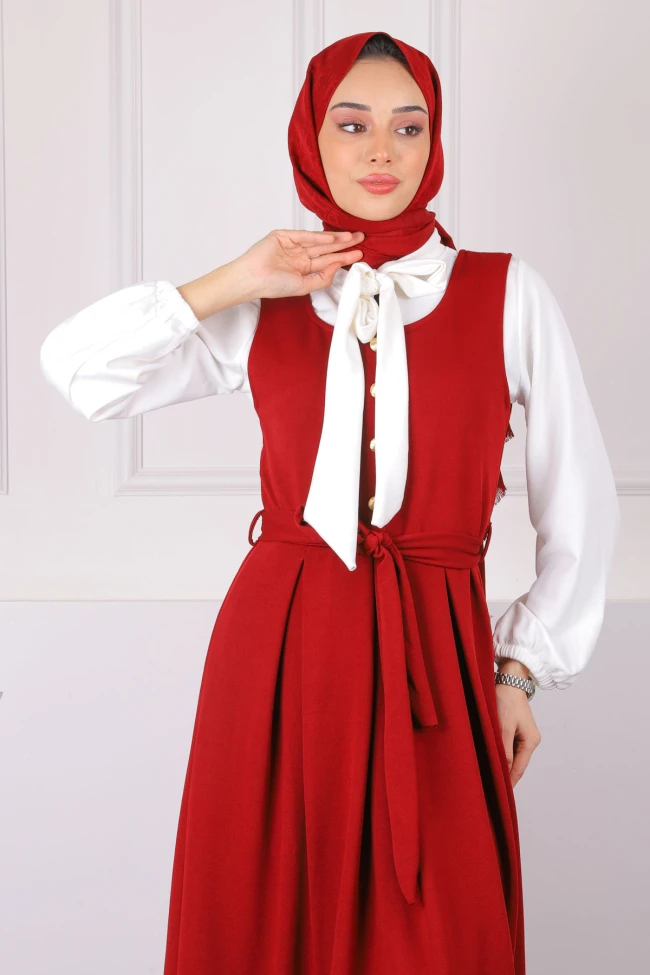 Bordo Kuşaklı Bluz Kombibli Jile Elbise