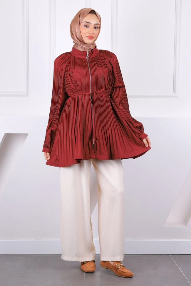 Bordo Piliseli Fermuarlı Ceket