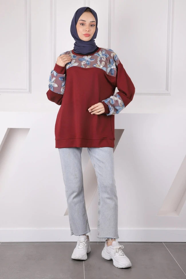 Bordo Tül Çiçek Garnili Modal Sweat