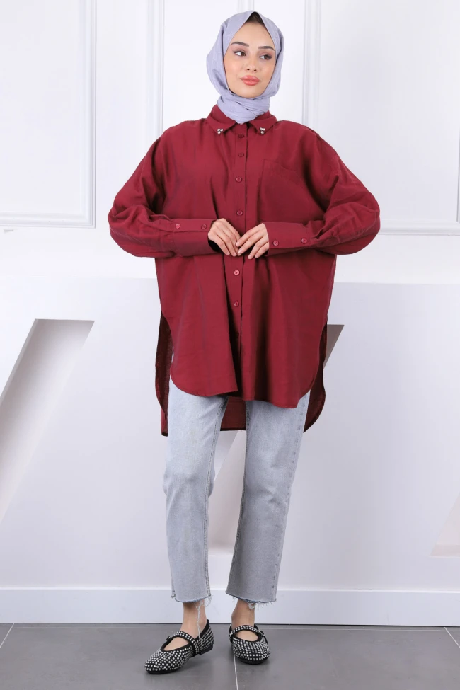Bordo Yaka Taşlı Tel Cepli Oversize Tunik