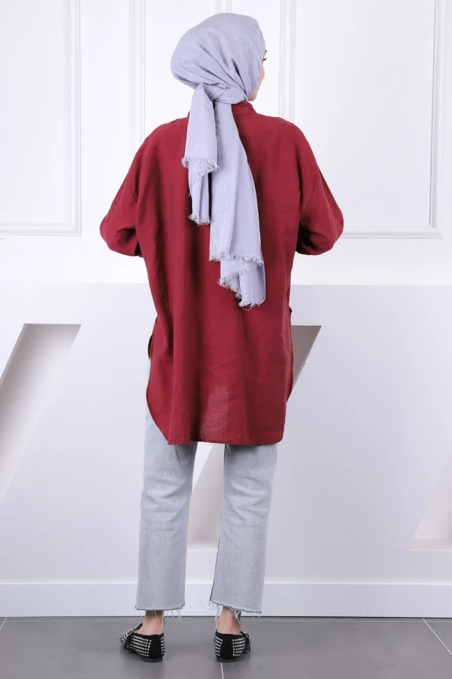 Bordo Yaka Taşlı Tel Cepli Oversize Tunik