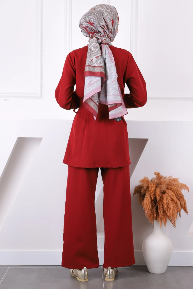 Bordo Yan Bağlamalı Tunik Pantolonlu Takım