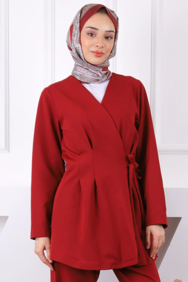 Bordo Yan Bağlamalı Tunik Pantolonlu Takım