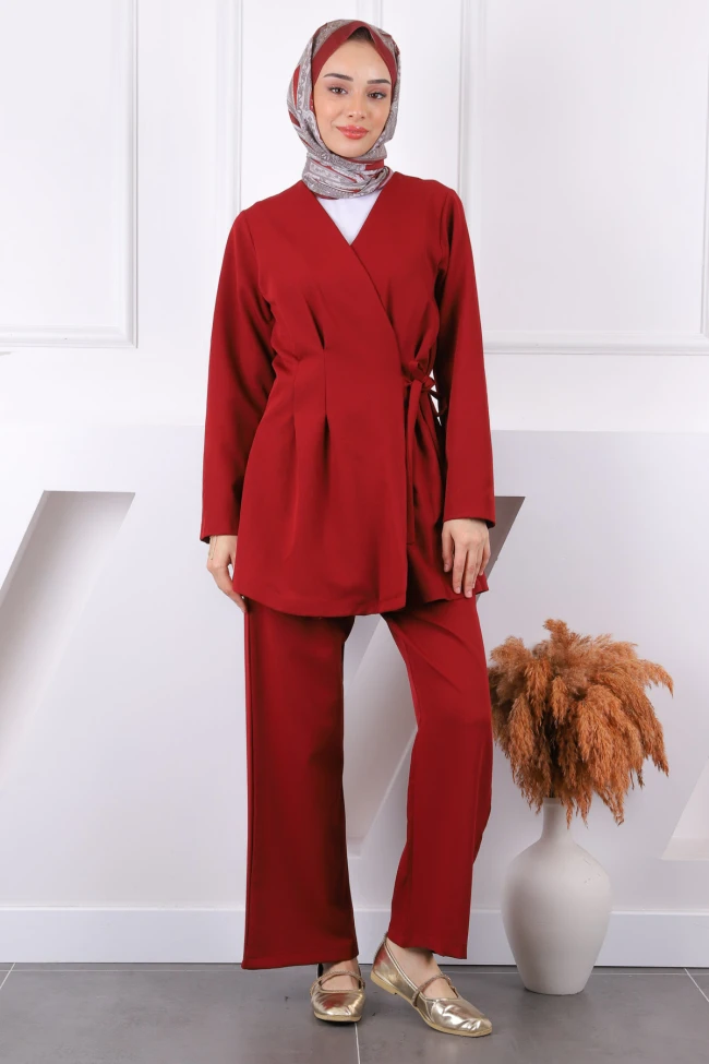 Bordo Yan Bağlamalı Tunik Pantolonlu Takım
