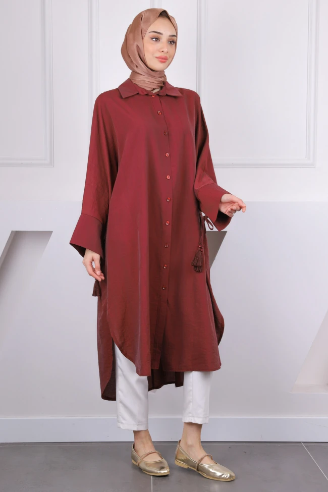 Bordo Yarasa Kol Püskül Detaylı Tunik