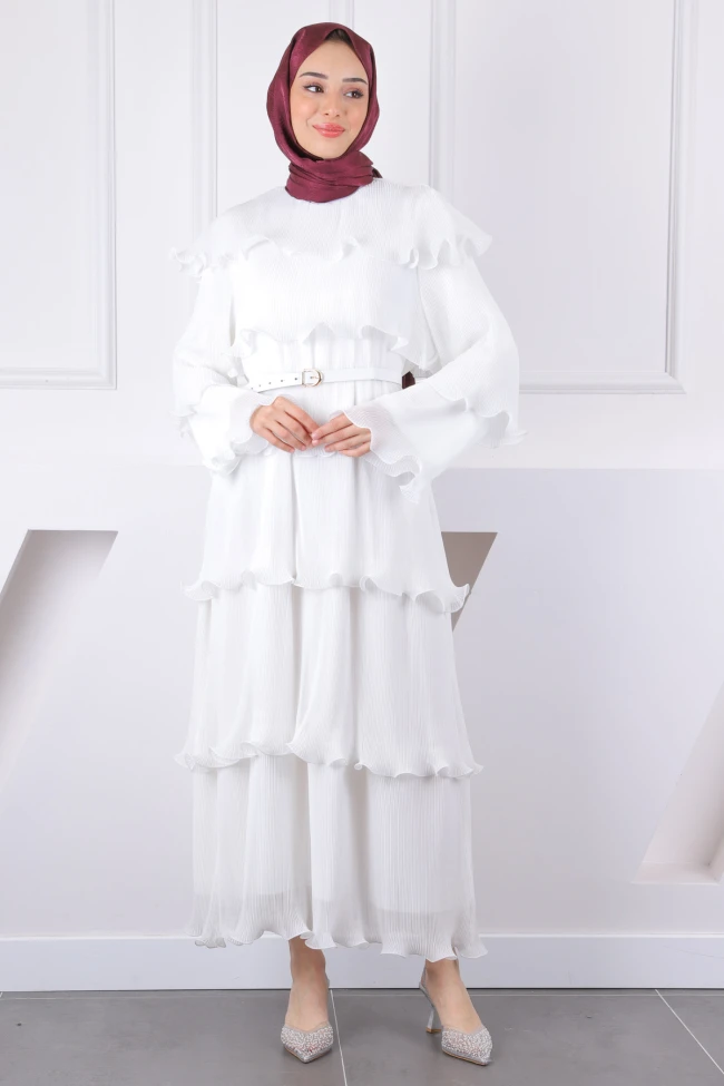 Ekru Katlı Piliseli Kemerli Şifon Abiye