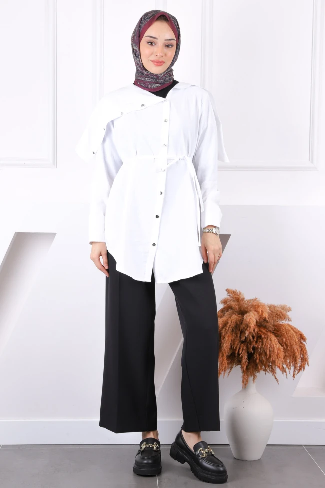 Ekru Yaka Detaylı Modal Tunik