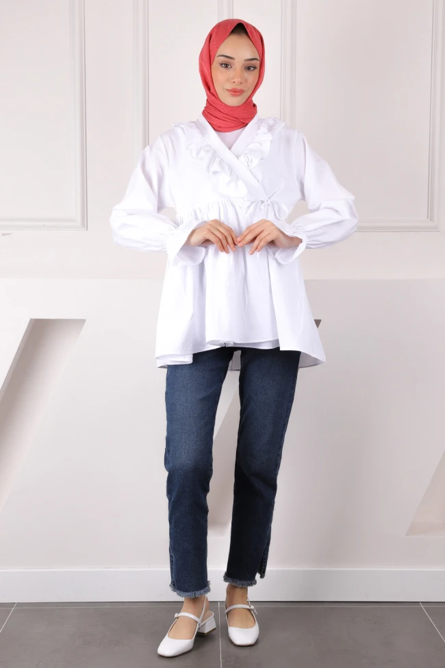 Ekru Yaka Fırfırlı Kimono