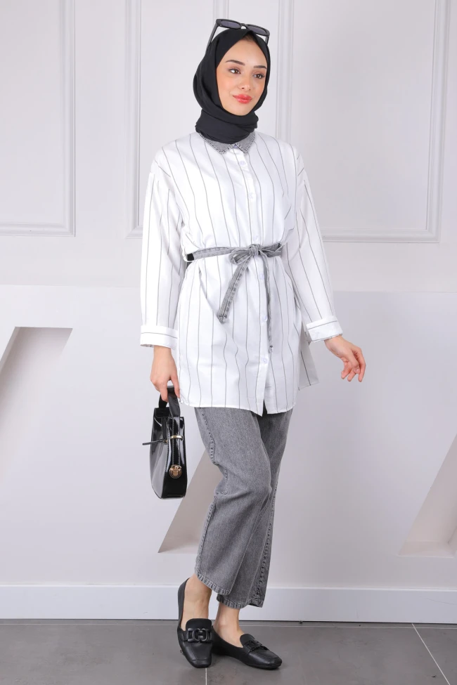 Füme Bel Kuşaklı Kot Garnili Tunik Pantolonlu Takım