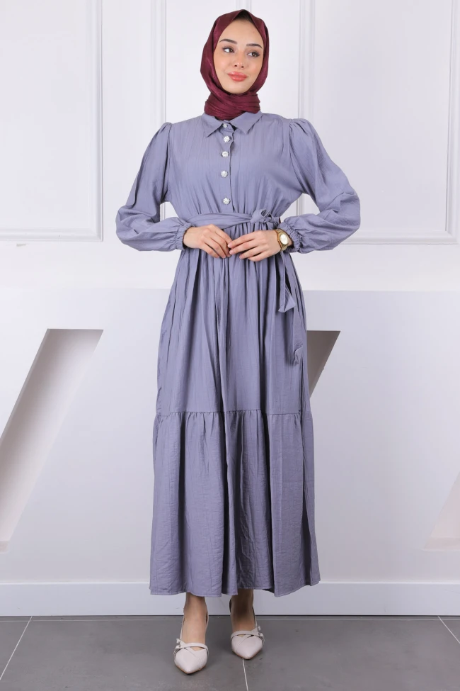 Füme Bel Lastikli Kuşaklı Modal Elbise