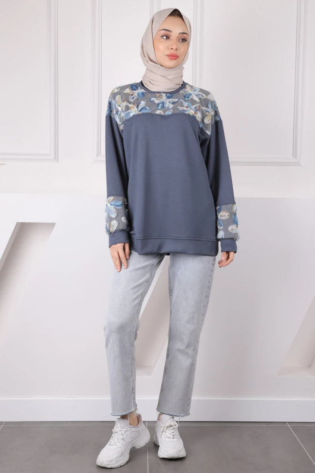 Füme Tül Çiçek Garnili Modal Sweat