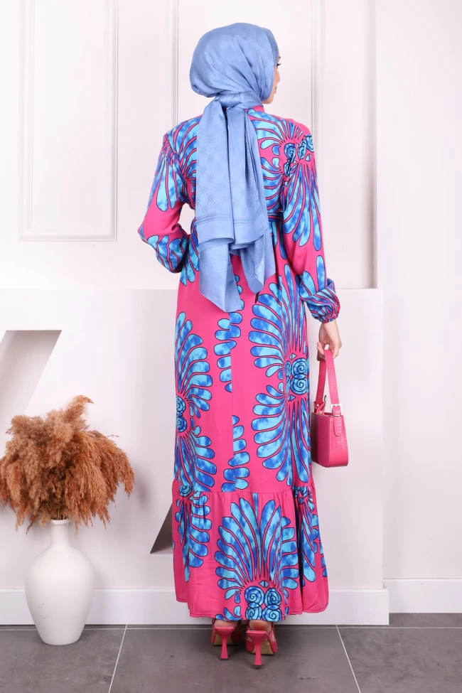 Fuşya Desenli Eteği Katlı Viscon Elbise