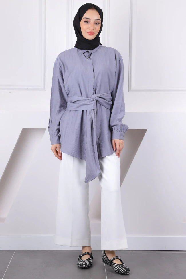 Gri Bel Kuşaklı Modal Gömlek