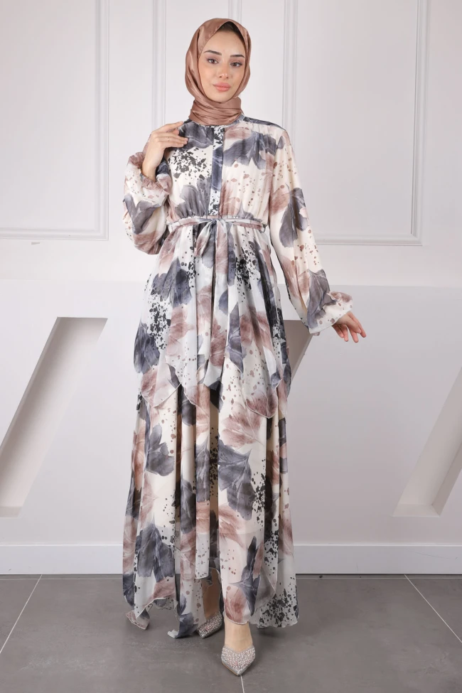 Gri Bel Kuşaklı Şifon Elbise