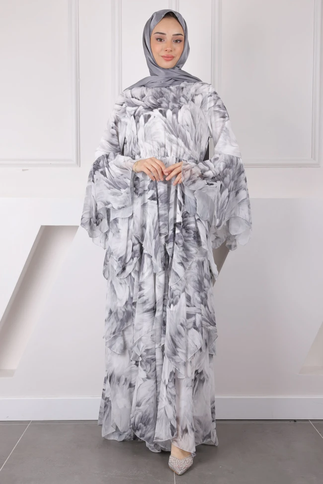 Gri Desenli Eteği Katlı Şifon Elbise