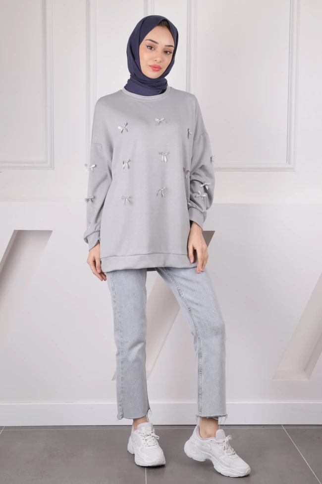 Gri Kurdele Detaylı Modal Sweat