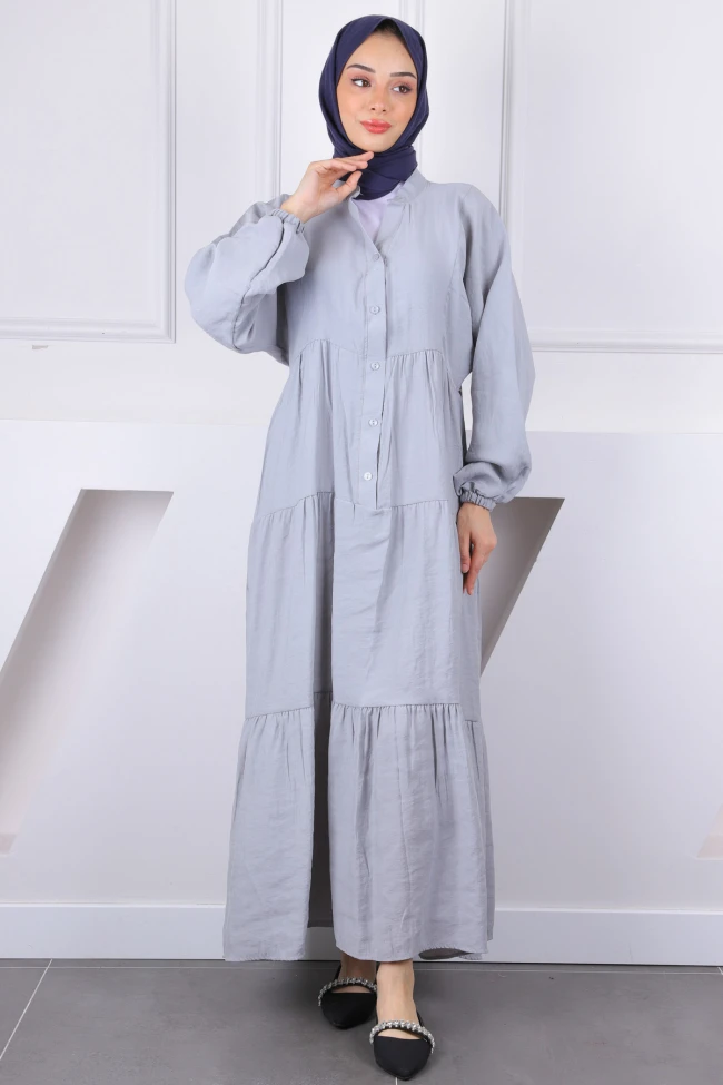Gri Yarım Düğmeli Modal Elbise