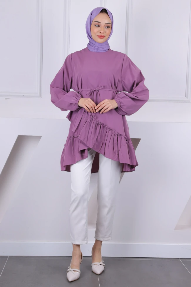 Gül Kurusu Eteği Katlı Fırfırlı Tunik