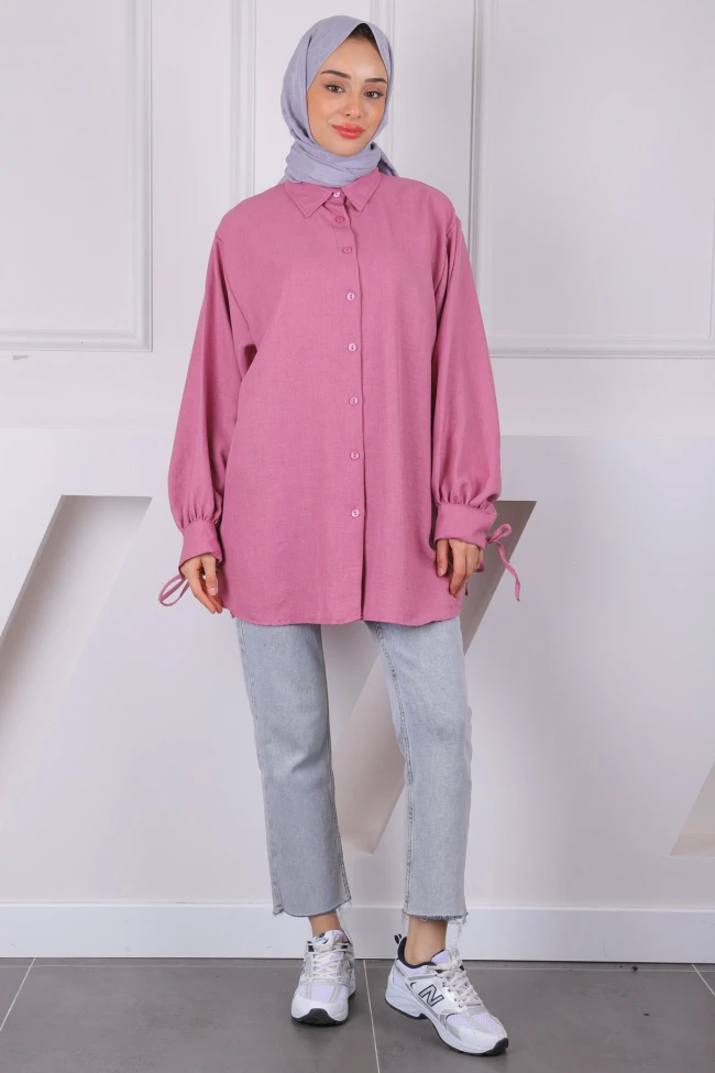 Gül Kurusu Kol Bağlamalı Keten Tunik