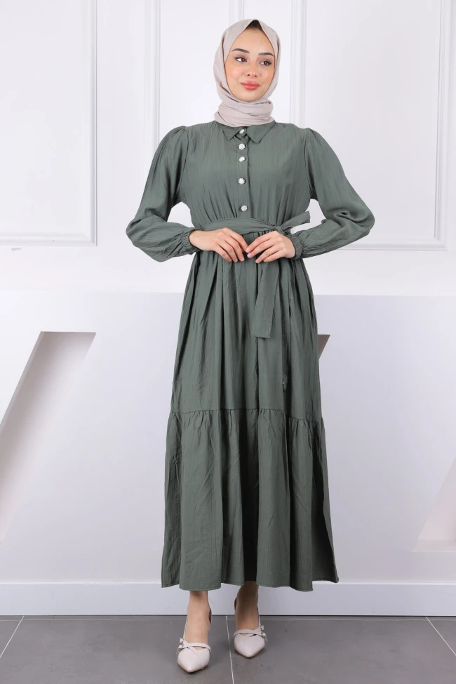 Haki Bel Lastikli Kuşaklı Modal Elbise